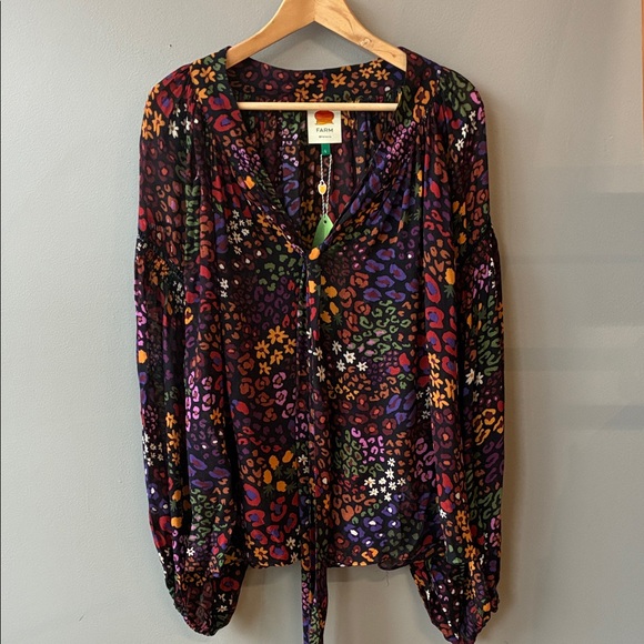 NWT Farm Rio Wild Mix Fringe Animal Print Blouse sz Large - Picture 1 of 8